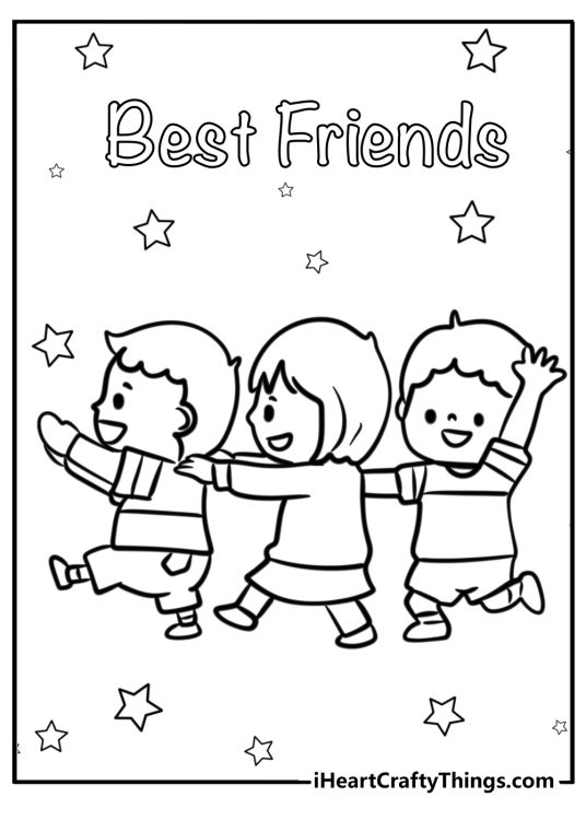Coloring picture for pre-schoolers presenting three pals in a conga line with Best friends phrase above them
