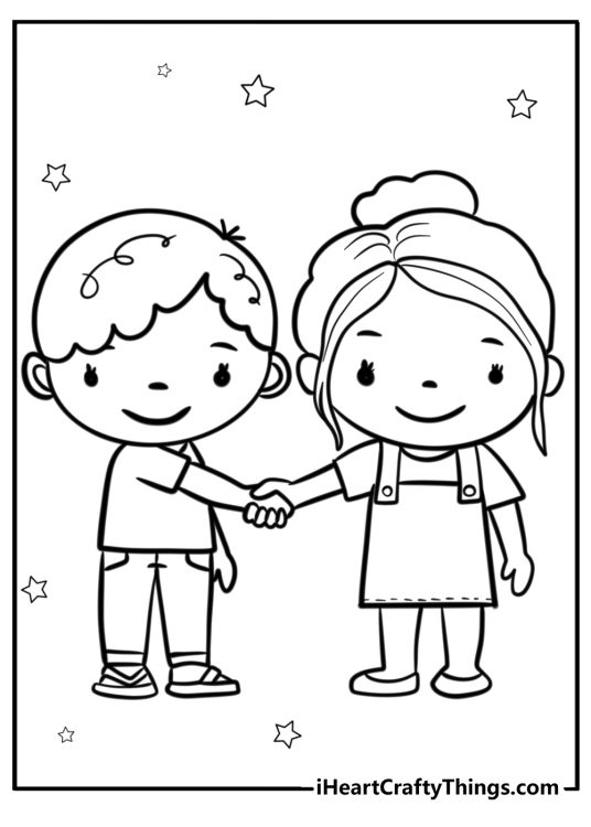 Best friends-themed picture capturing happy-looking boy and girl holding hands with stars all around them