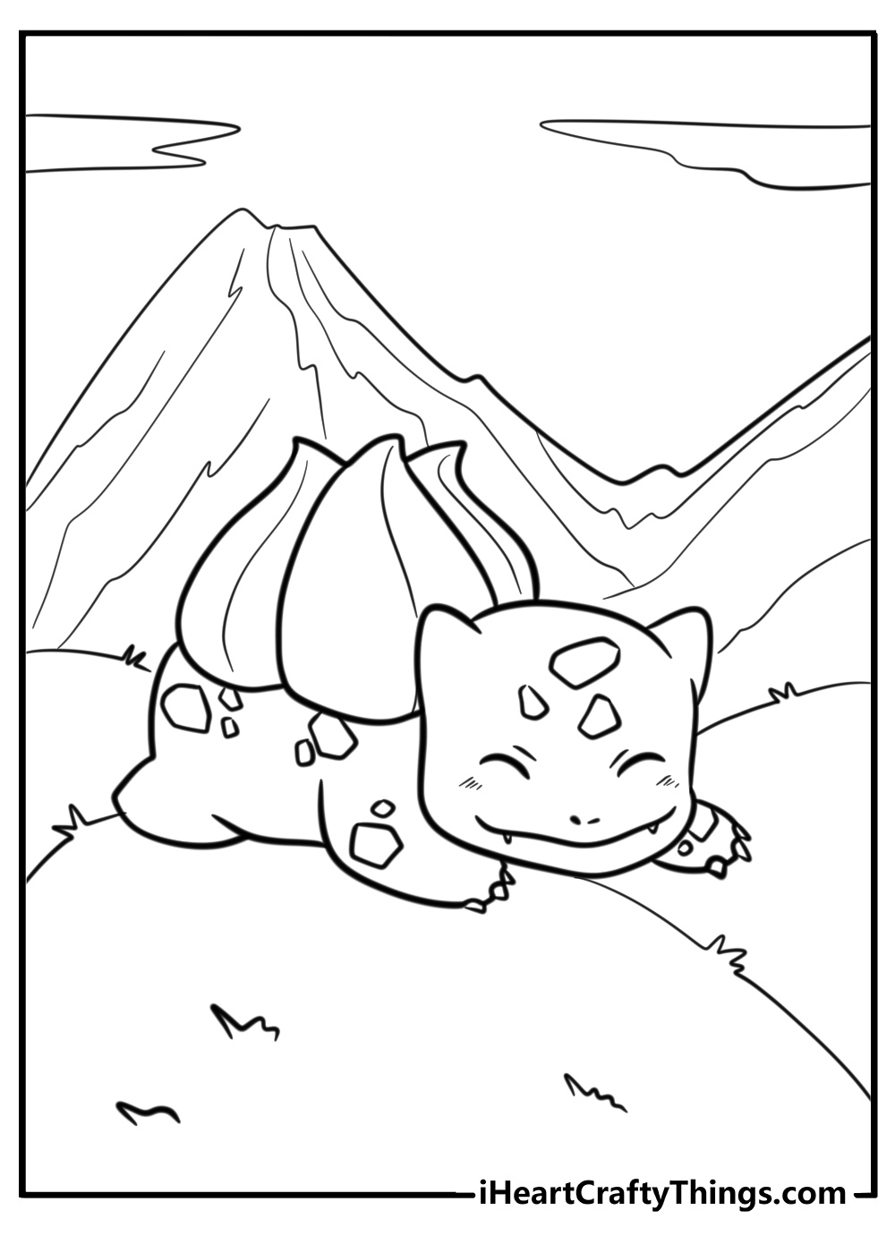 Cute bulbasaur sleeping on a grassy hill free coloring page