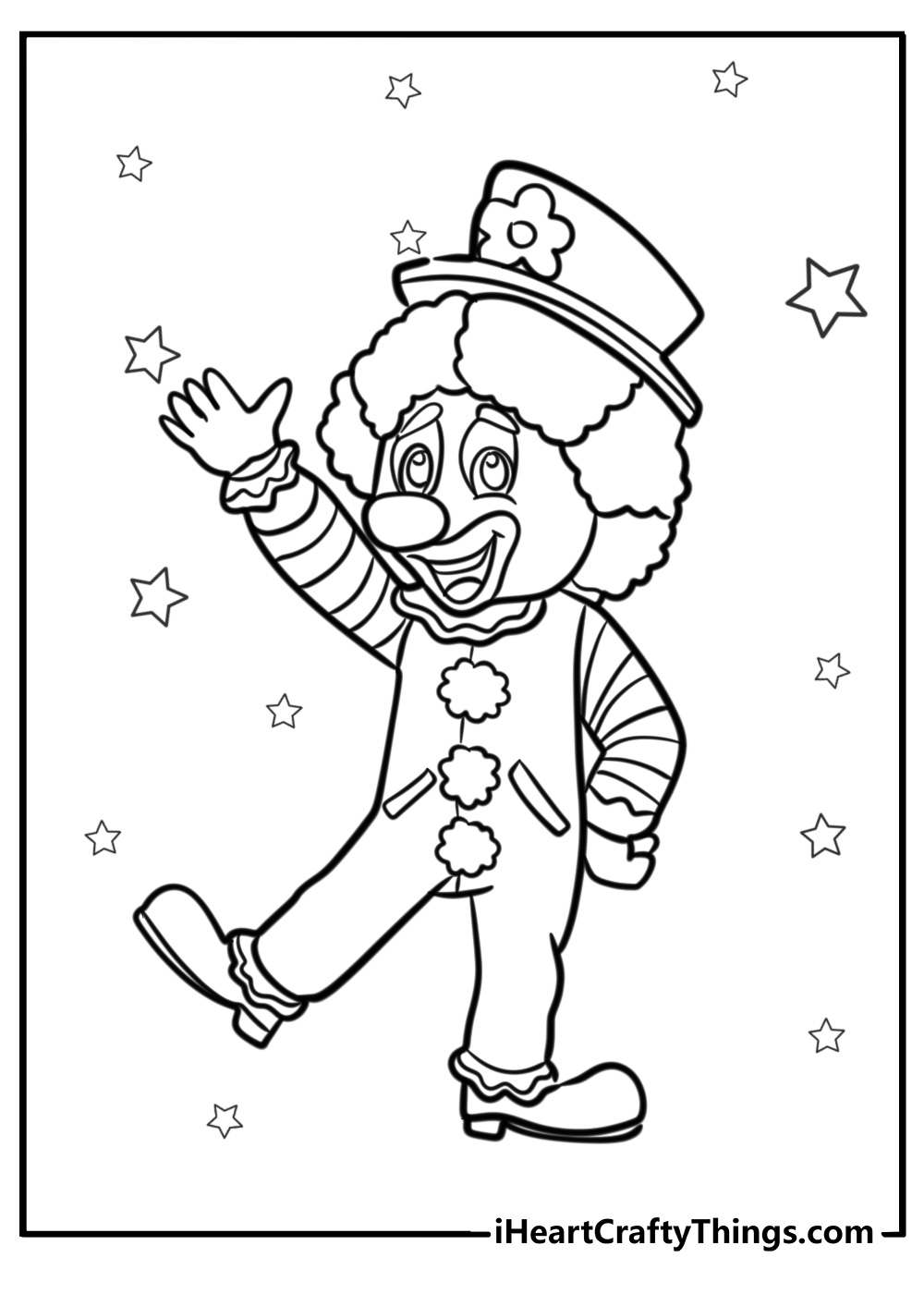 Cute cartoon clown waving fun coloring sheet for kids