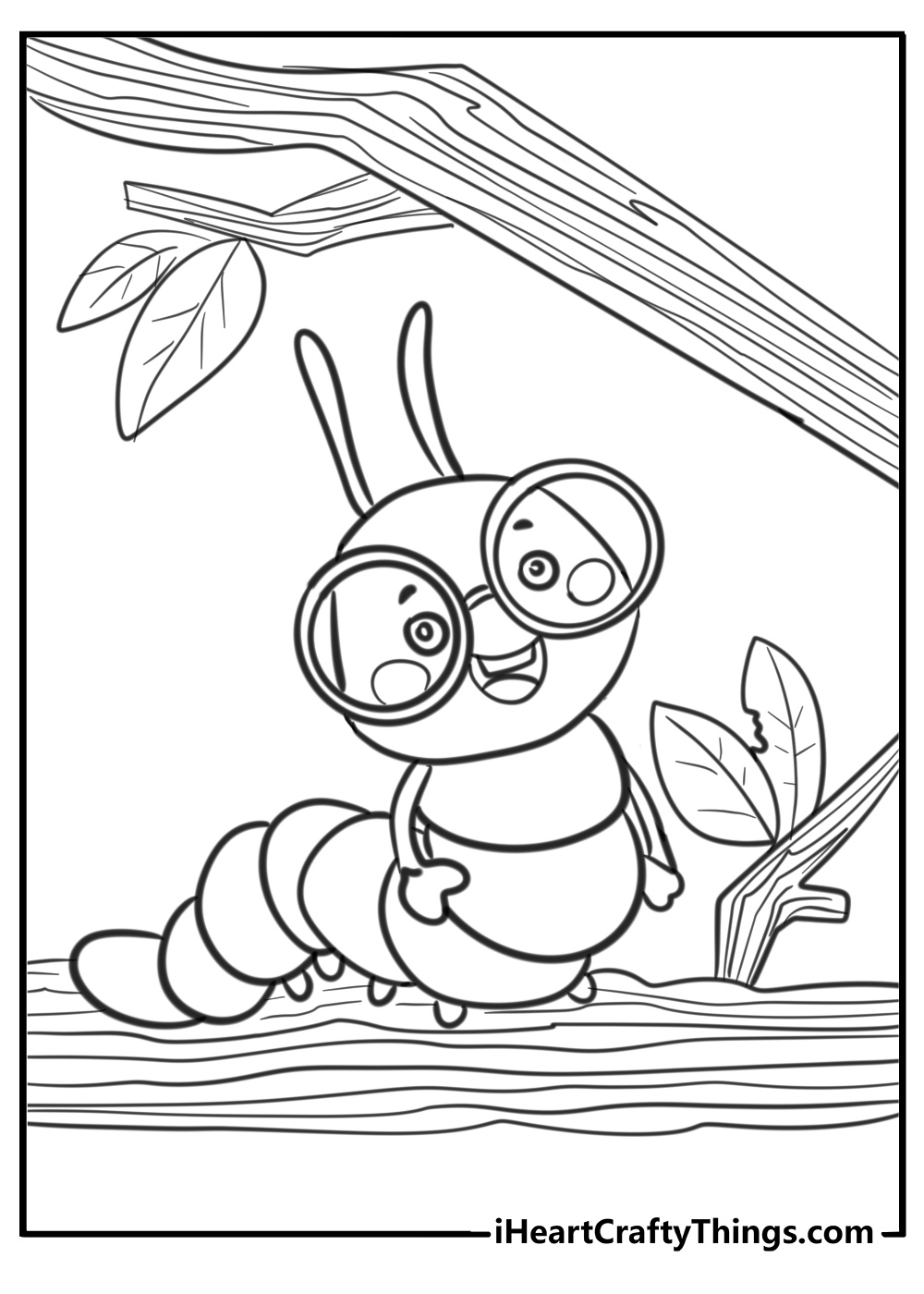 Cute caterpillar wearing glasses coloring sheet for kids