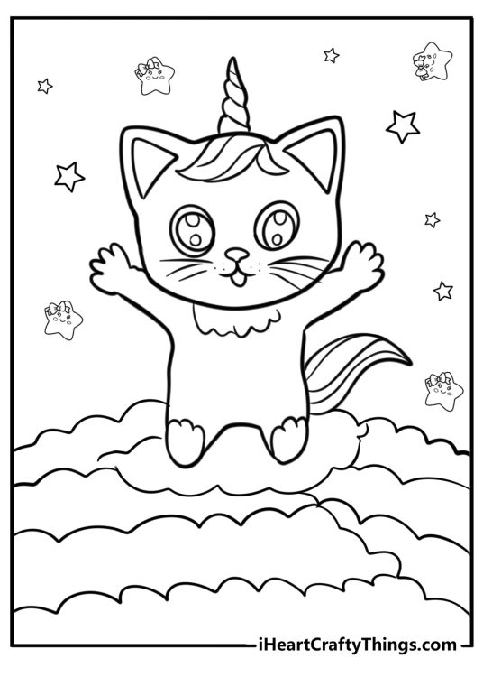 Coloring sheet featuring cartoony unicorn cat sitting on a cloud surrounded by many stars