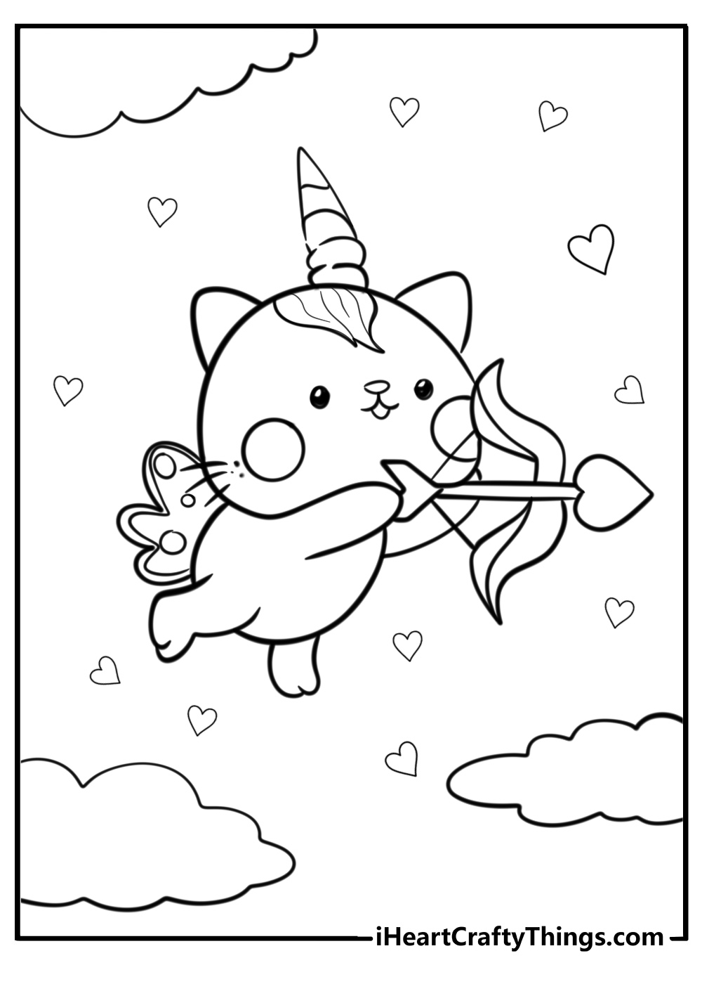 Cute unicorn cat with a bow fun coloring sheet