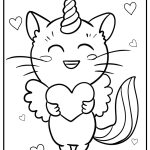 Cute unicorn cat with hearts free coloring page pdf