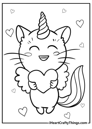 Cute unicorn cat with hearts free coloring page pdf