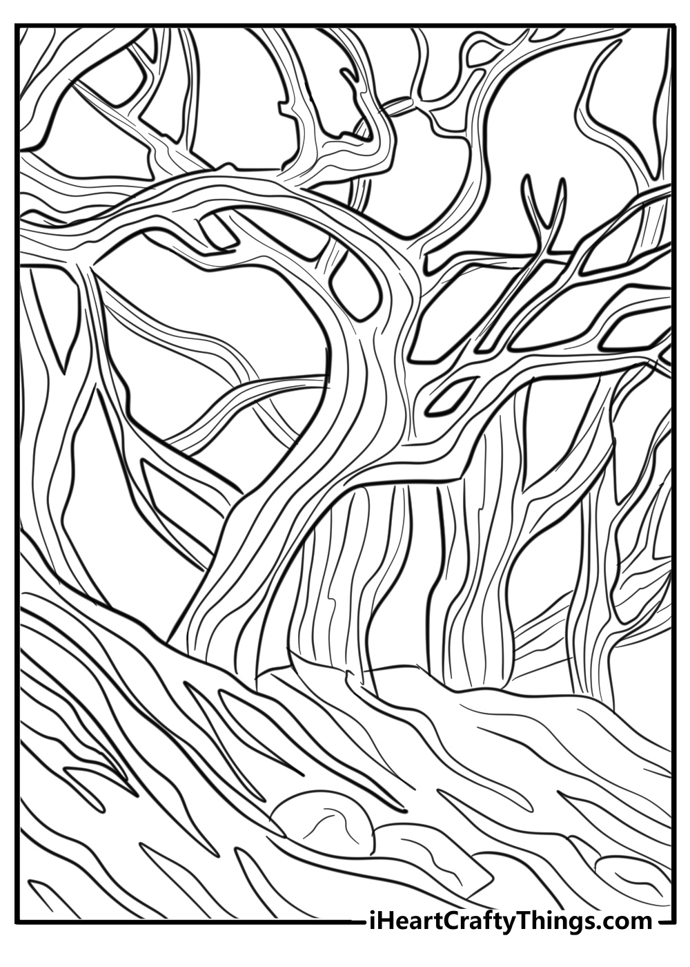 Dark gothic forest with twisted trees fun coloring sheet