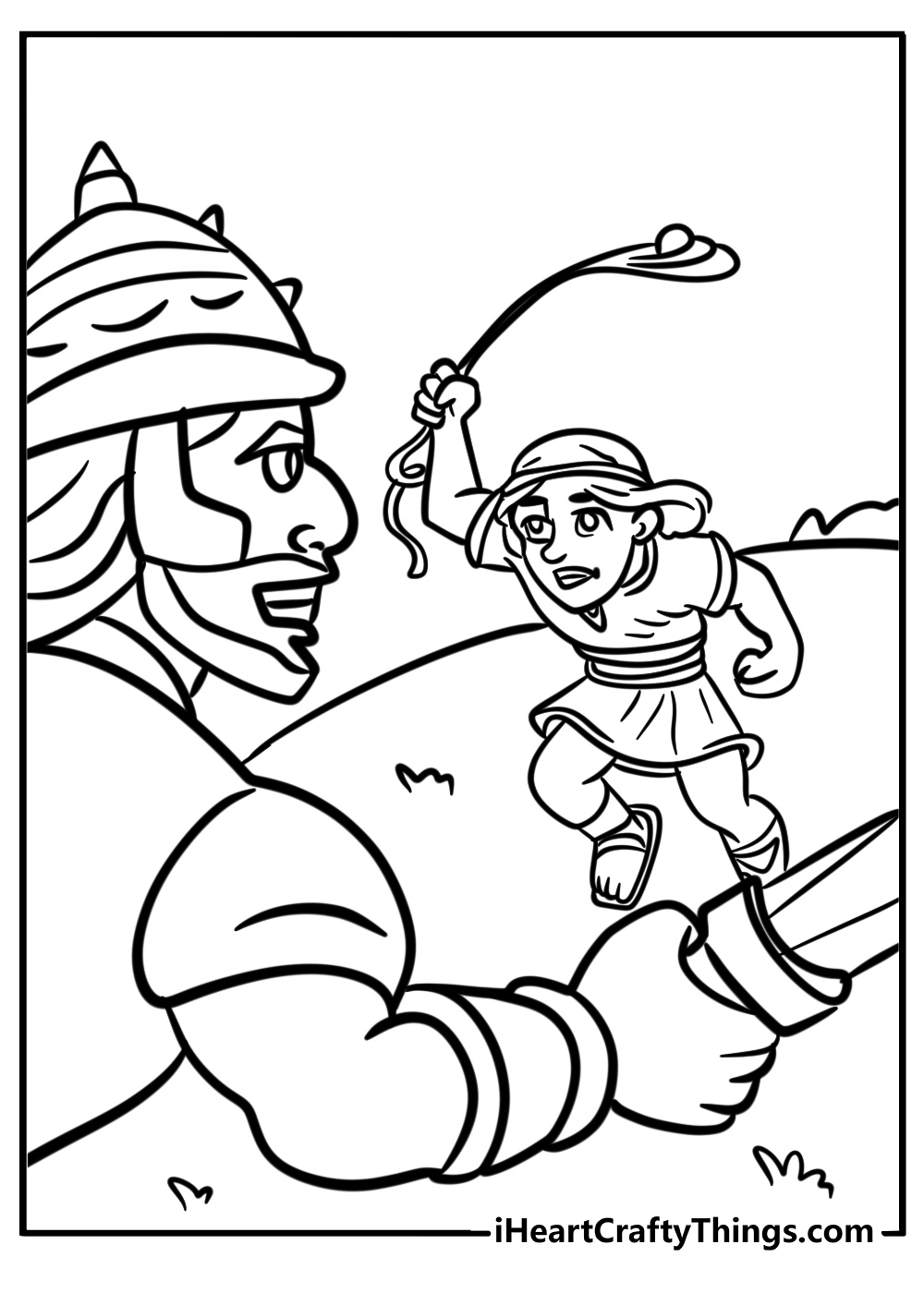 David standing before goliath detailed coloring sheet for adults