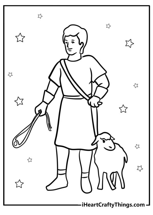 David with slingshot and stones cartoon coloring sheet for kids