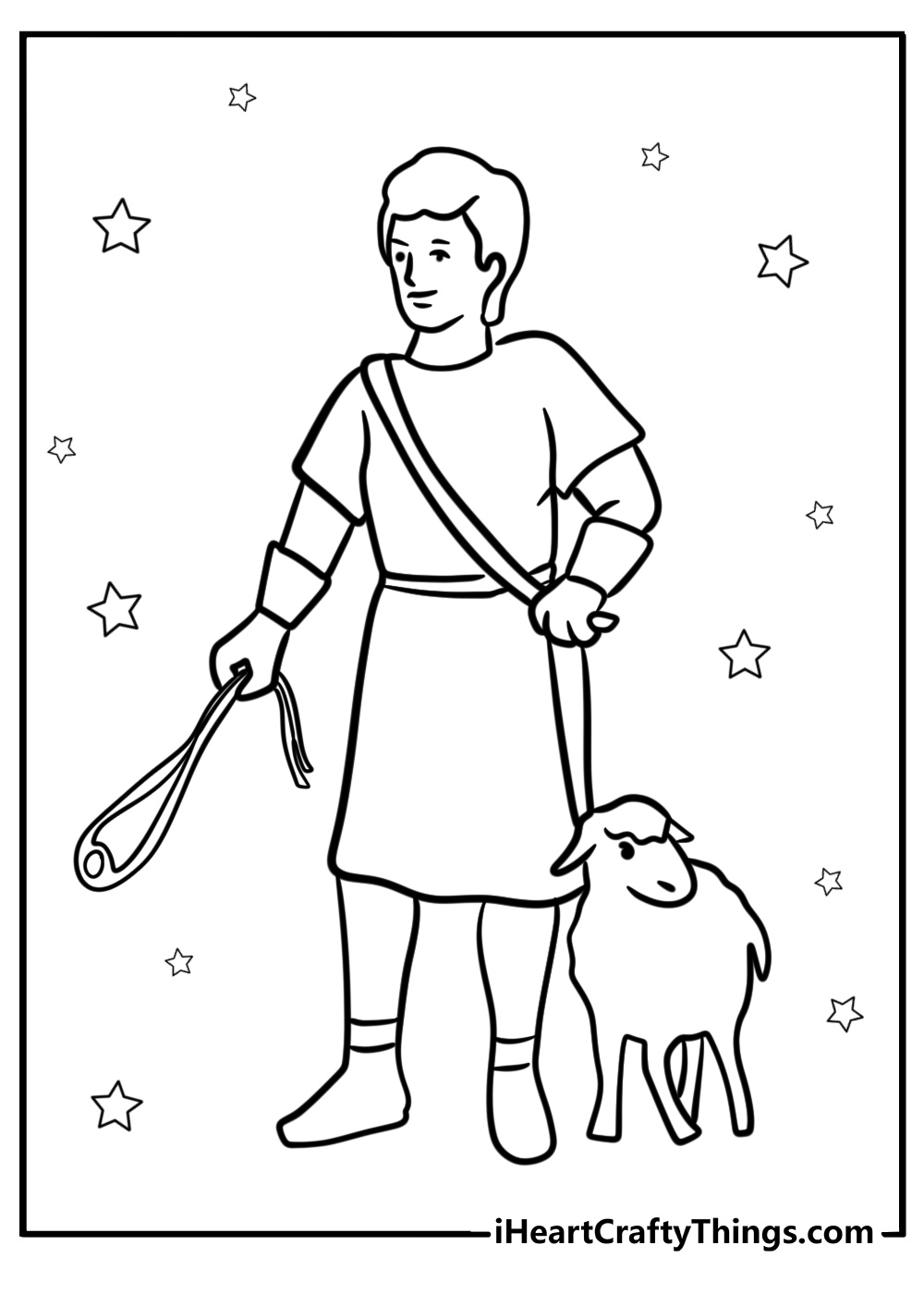 David with slingshot and stones cartoon coloring sheet for kids