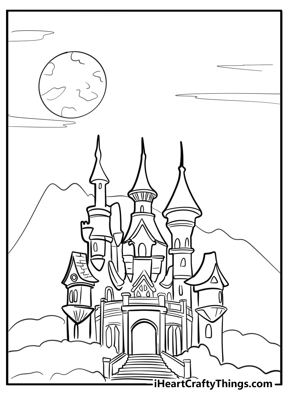 Detailed gothic castle under a full moon printable coloring page for adults