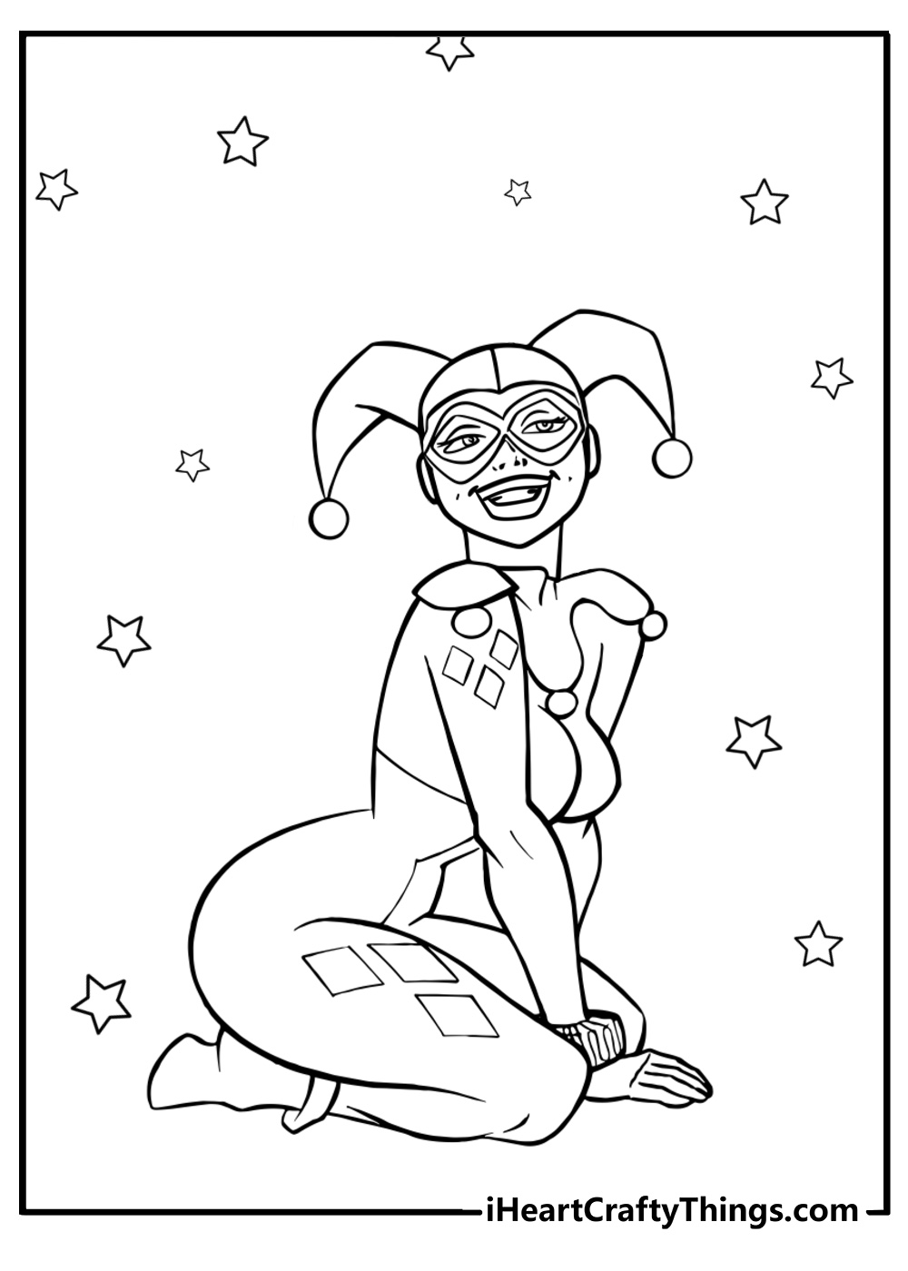 Detailed harley quinn in clown costume coloring sheet