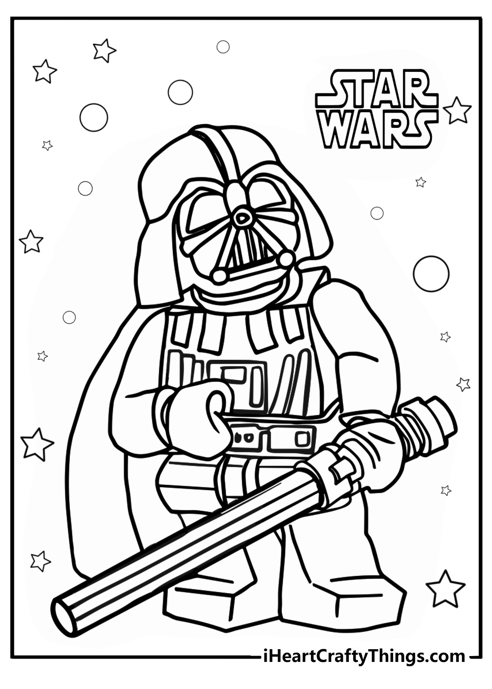 Detailed lego darth vader with lightsaber coloring page for kids