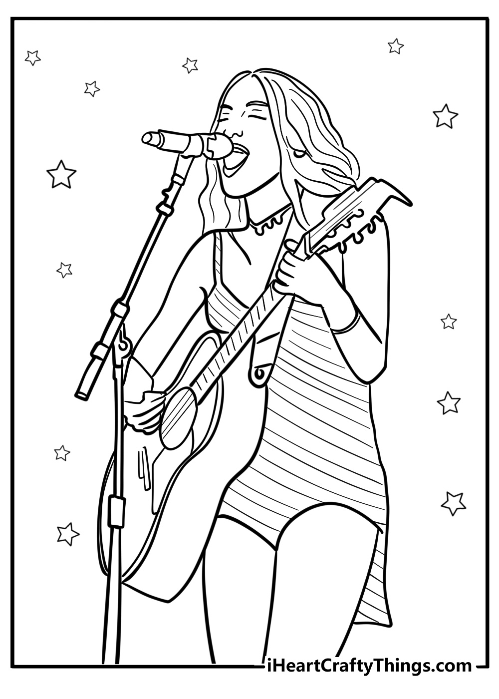 Detailed olivia rodrigo playing guitar on stage coloring page