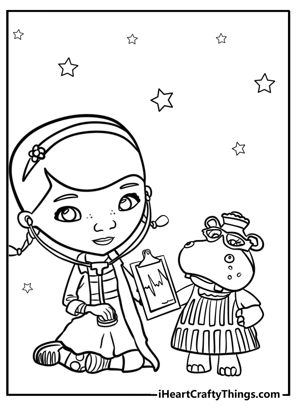 Doc mcstuffins and hallie with medical tools coloring sheet