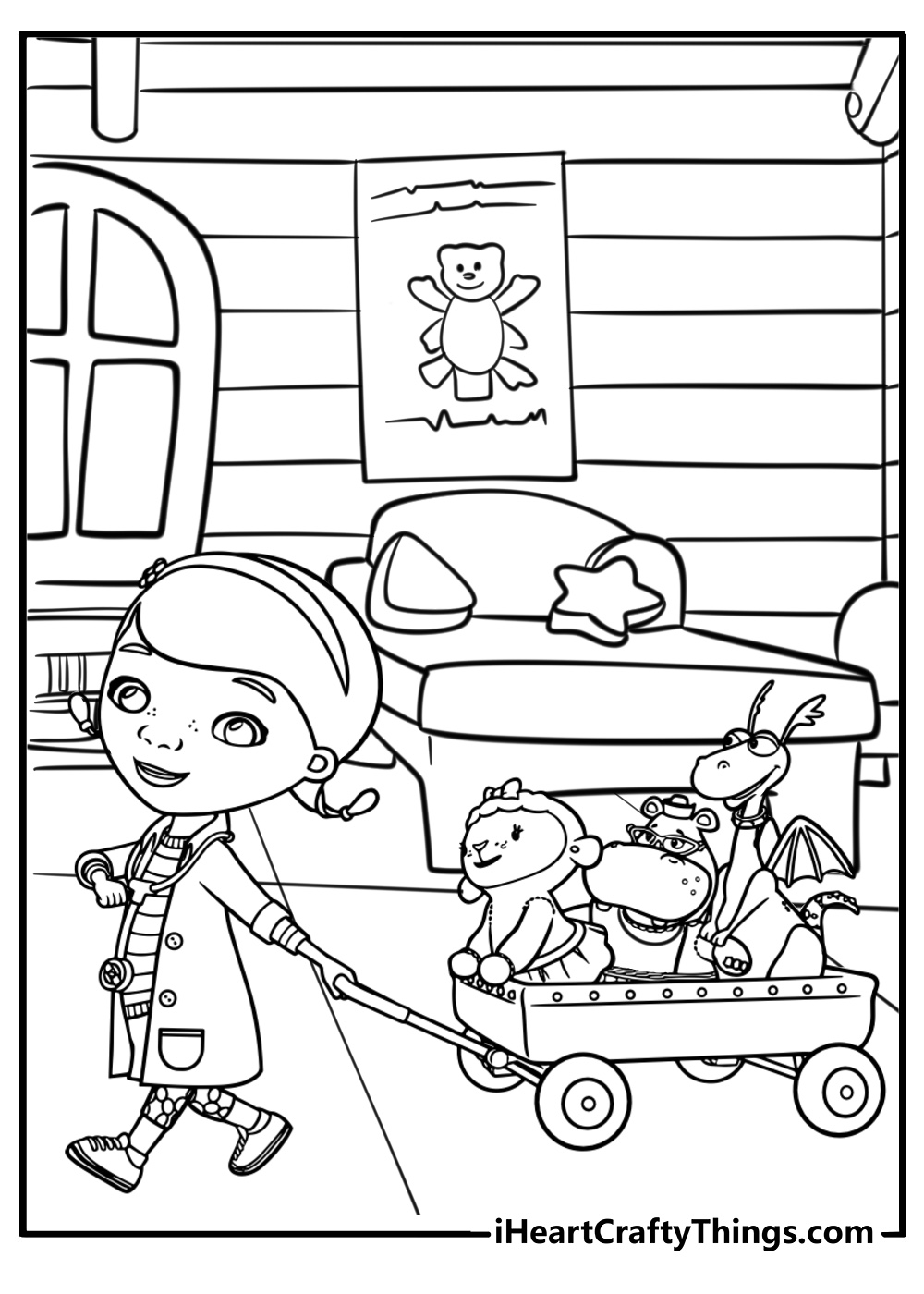 Doc mcstuffins and her toy friends having fun coloring sheet