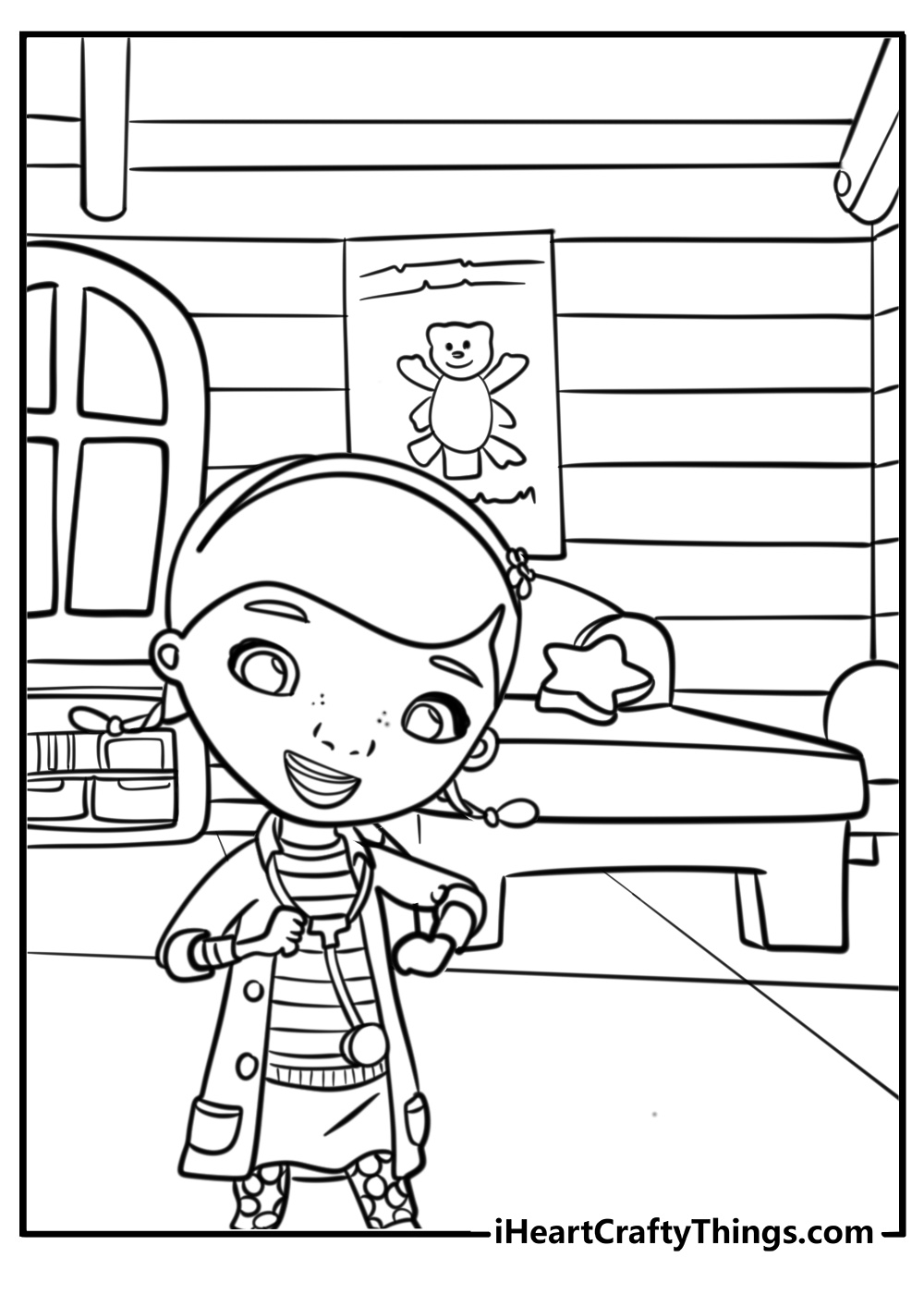 Doc mcstuffins in her clinic detailed coloring page