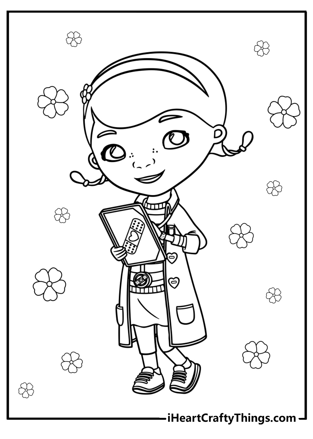 Doc mcstuffins in her doctor's coat free coloring page pdf