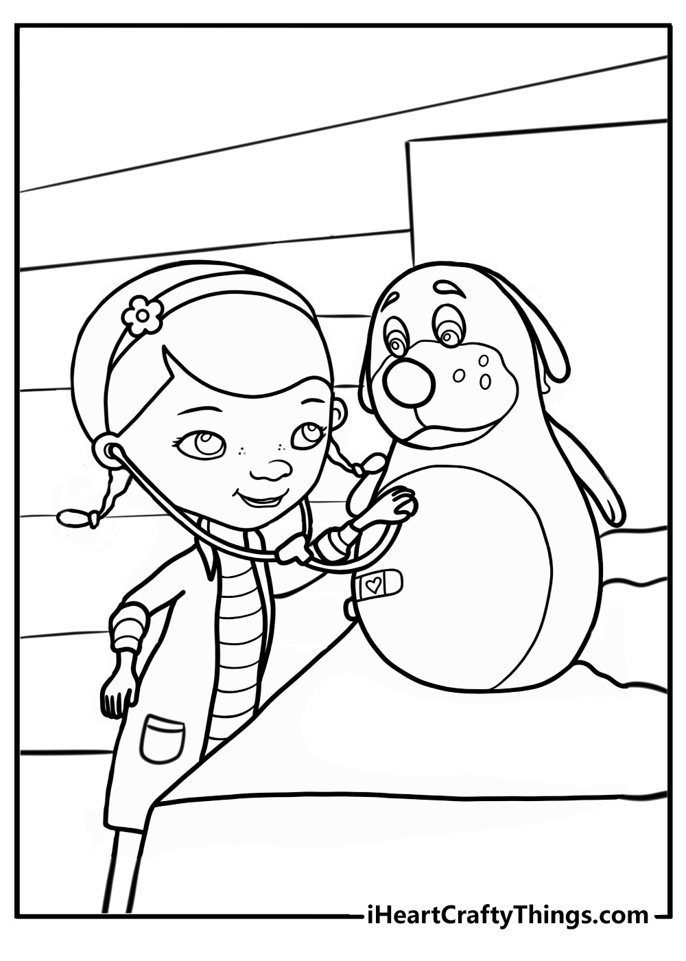 Doc mcstuffins listening to a toy's heartbeat coloring sheet