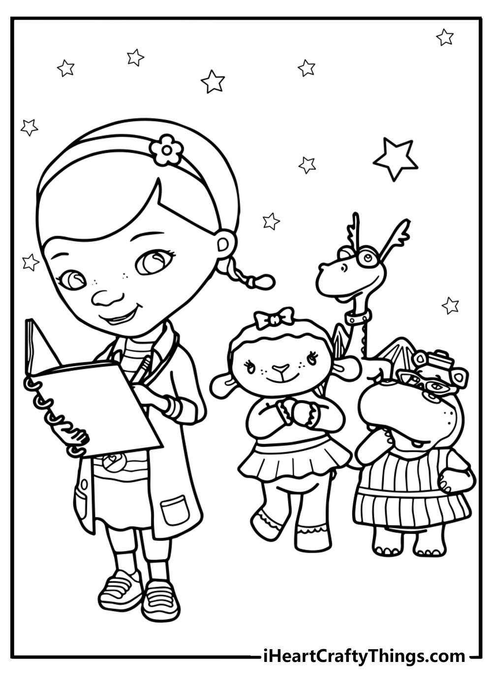 Doc mcstuffins treating a stuffed toy fun coloring sheet