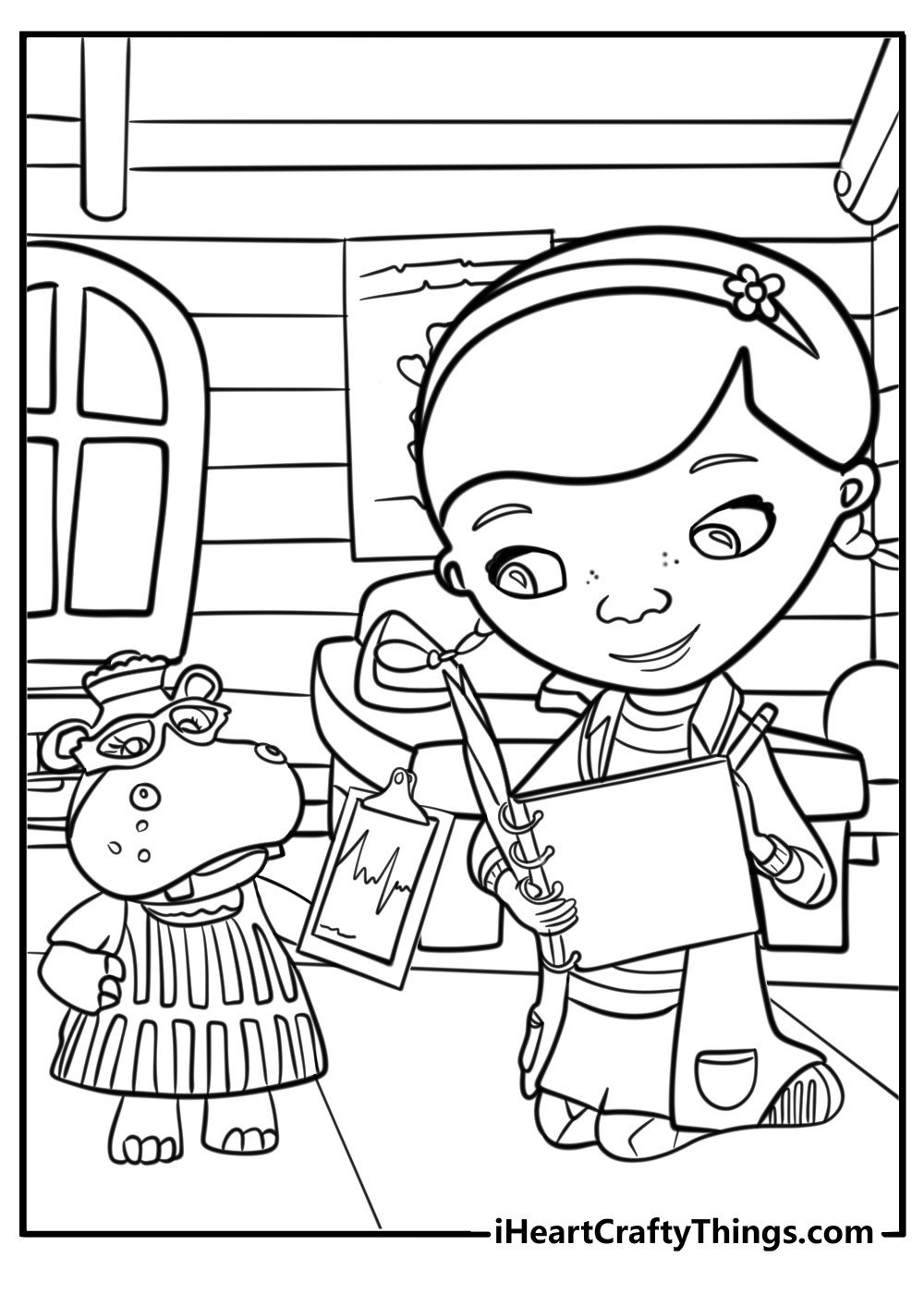 Doc mcstuffins with her clipboard fun cartoon coloring sheet