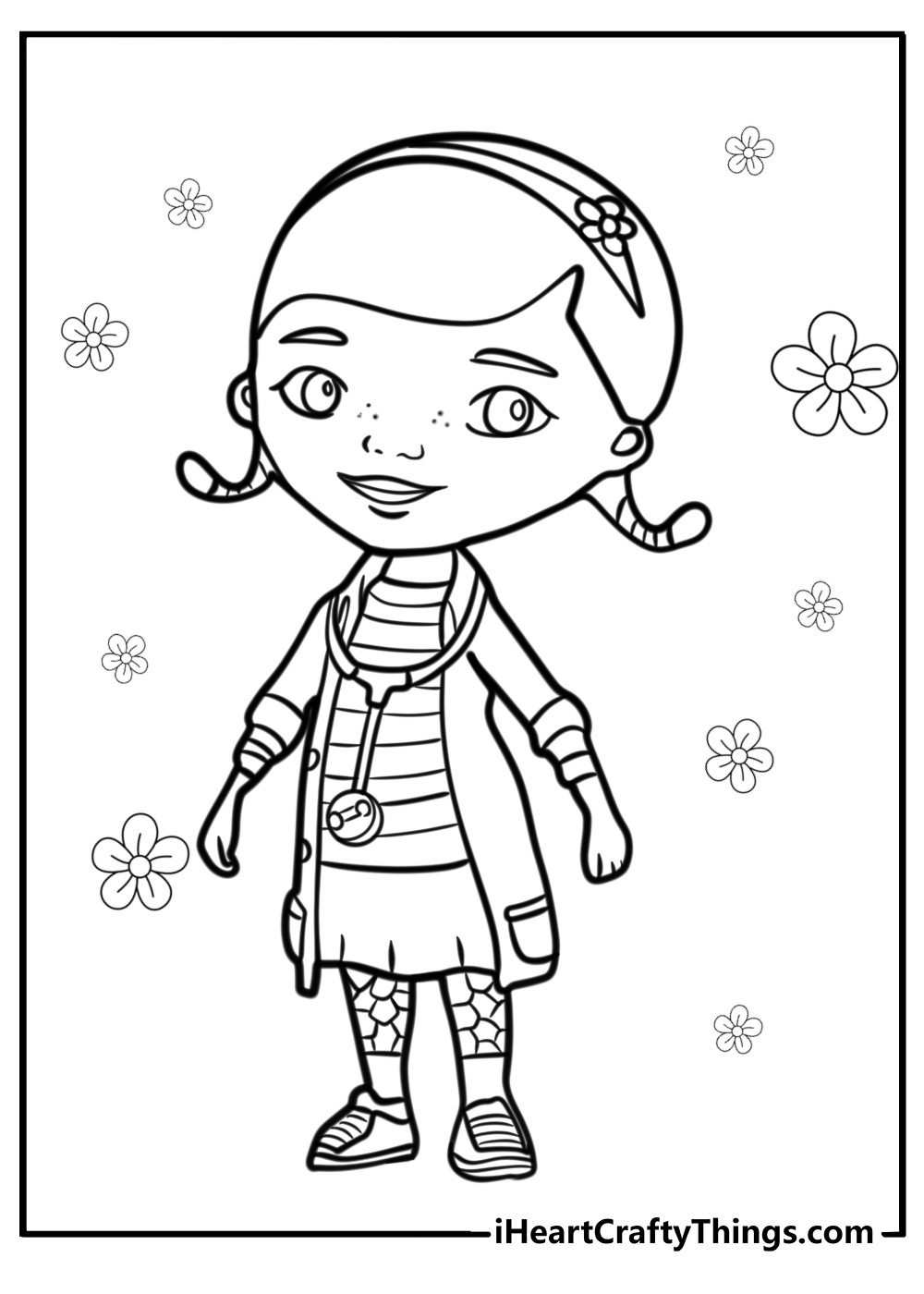 Doc mcstuffins with stethoscope coloring page for kids