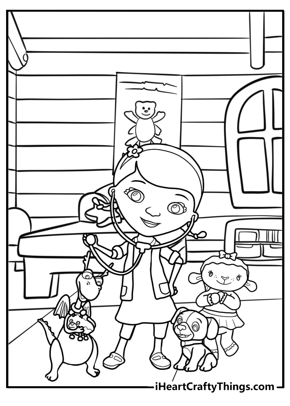 Doc mcstuffins with toy medical kit printable coloring page