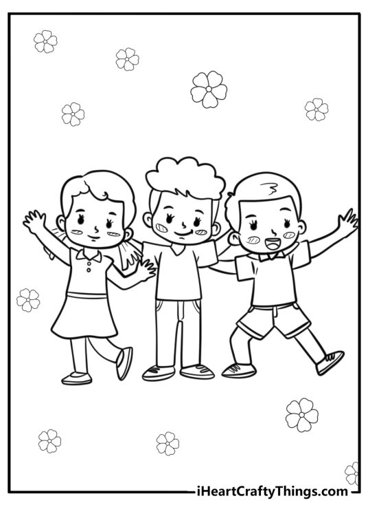 Best friends printable featuring three kids standing together and waving to us with flowers in the background