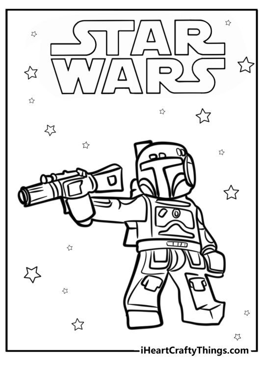 LEGO Star Wars-themed poster featuring LEGO Boba Fett in armor with Star Wars sign above him and stars all around