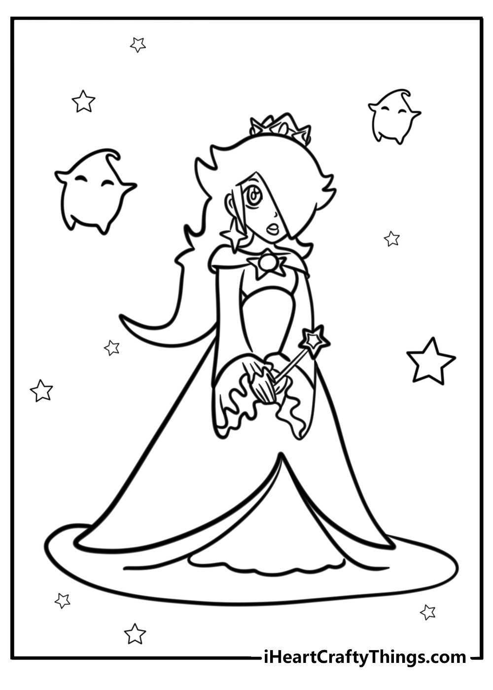 Easy rosalina with luma and stars in the background coloring page