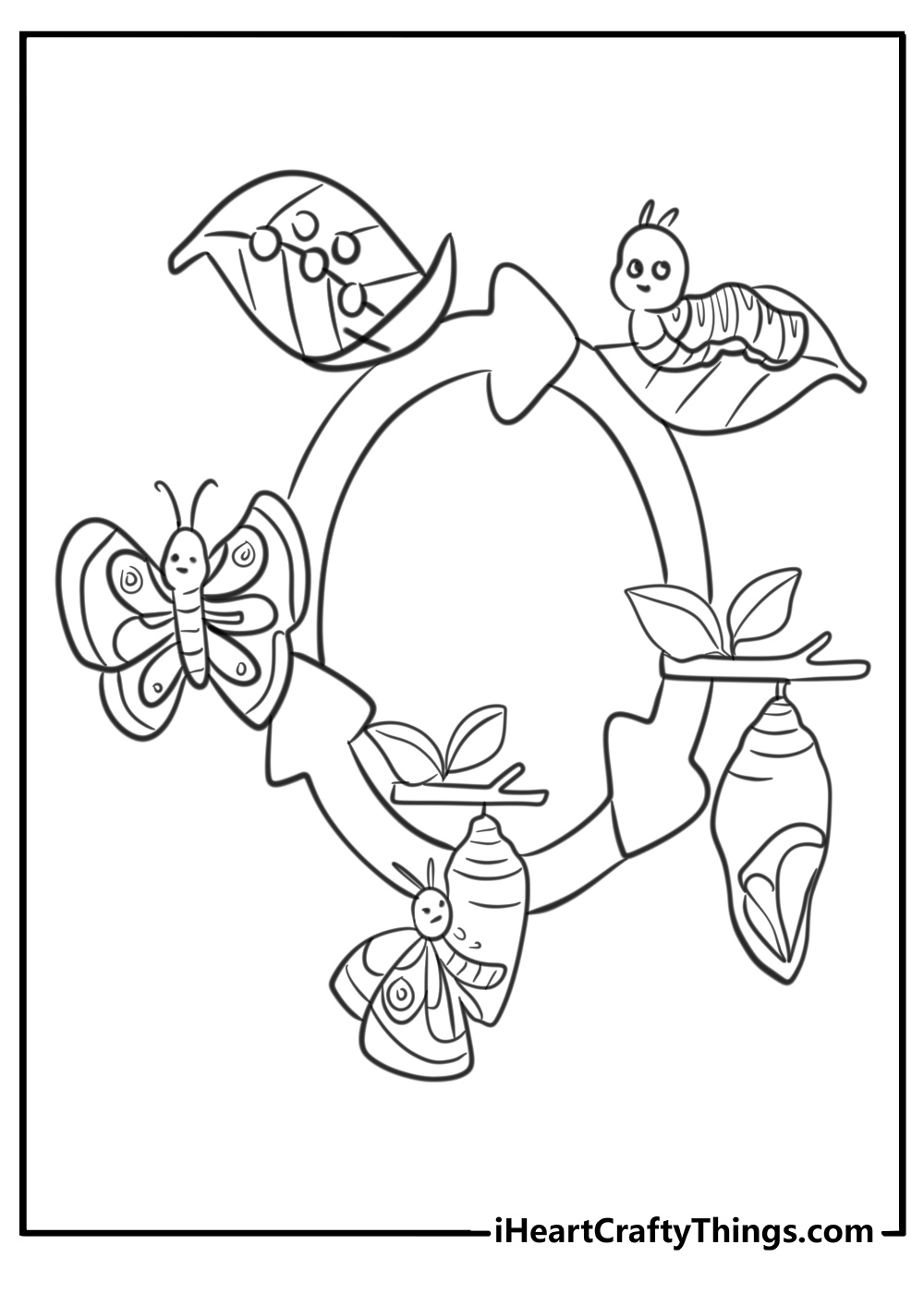 Educational caterpillar coloring page showing its lifecycle