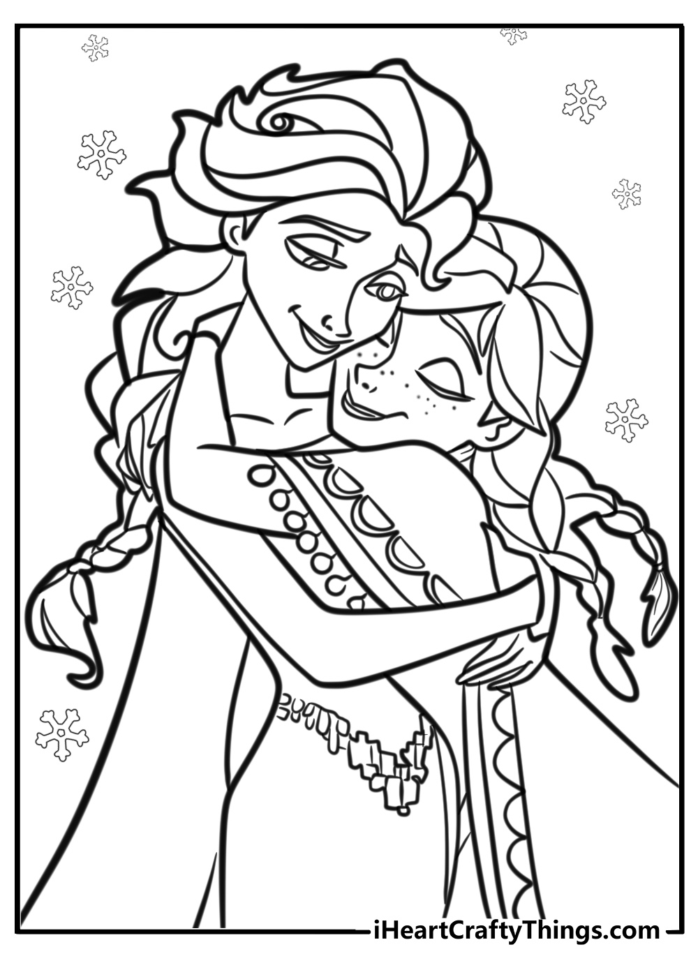 Elsa and Anna Hugging in the Snow Coloring Page for Kids