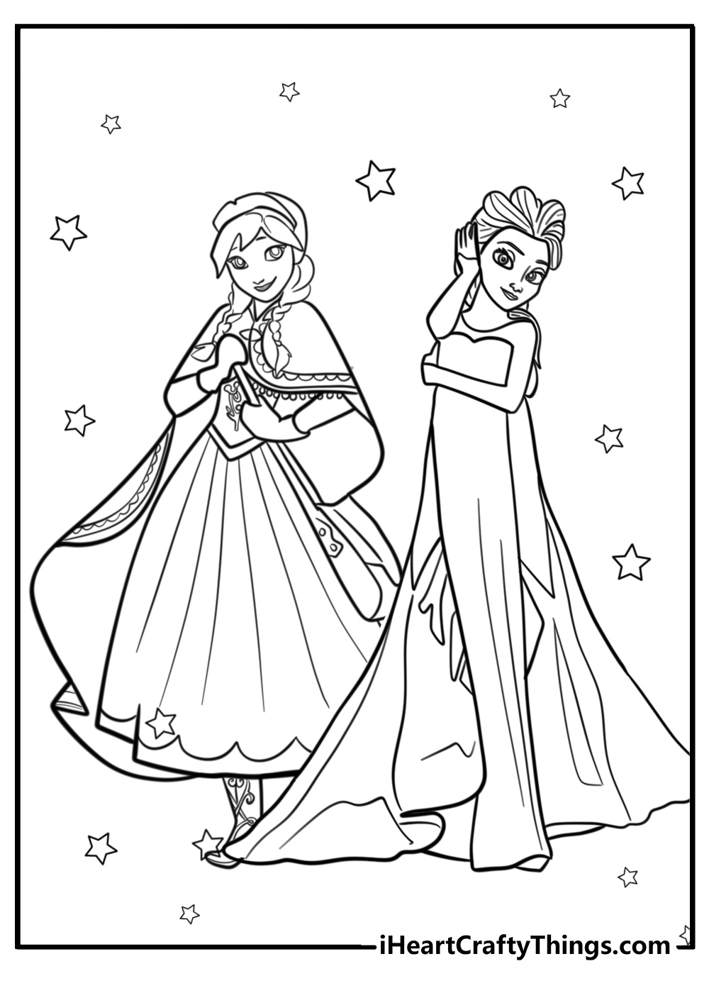 Elsa and Anna Standing Together Fun Printable Coloring Sheet