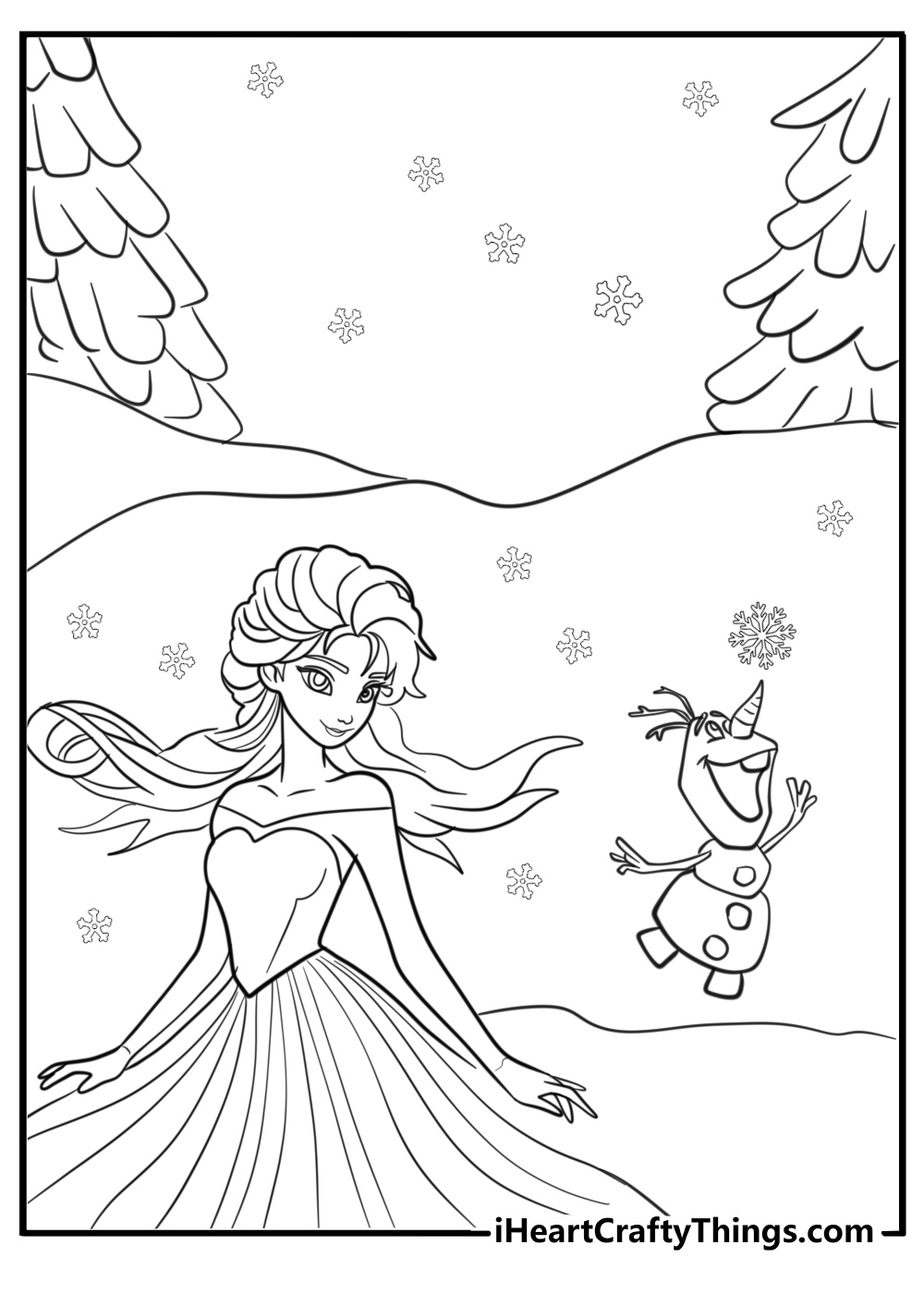 Elsa and Olaf Playing in the Snow Free Frozen Coloring Page