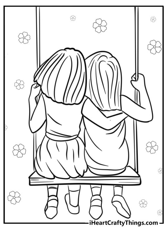 Best friends coloring page depicting back view of two best friends sitting on a swing with flowers all around them