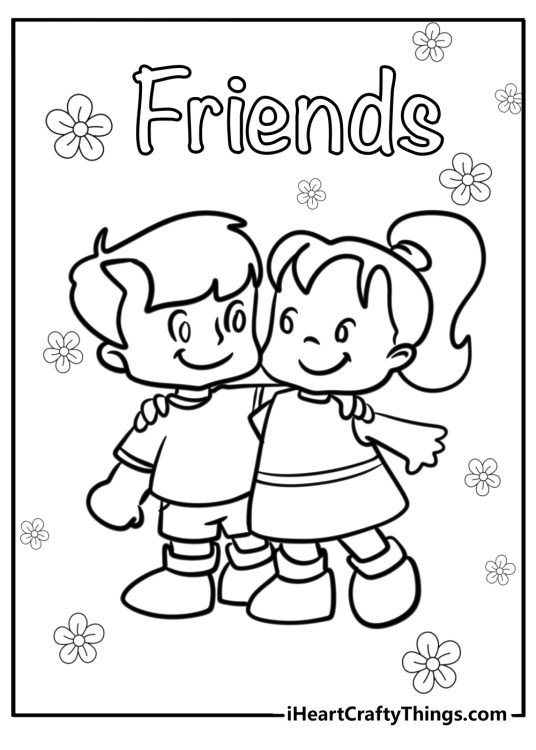 Coloring page depicting two best friends standing together with word Friends above them and flowers all around