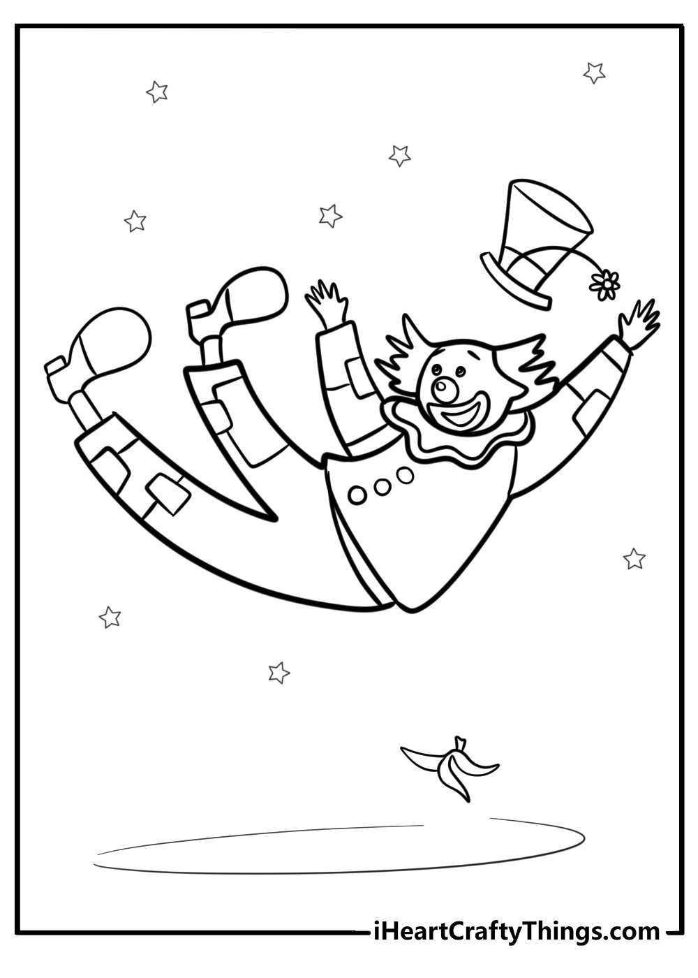 Funny clown slipping on a banana peel detailed coloring sheet