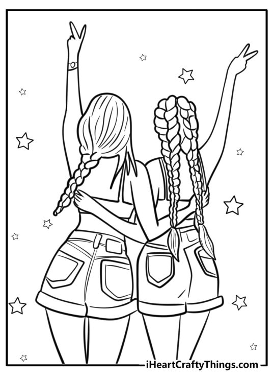 Free poster depicting a back view of two best friends at the concert wearing jeans shorts and showing peace signs