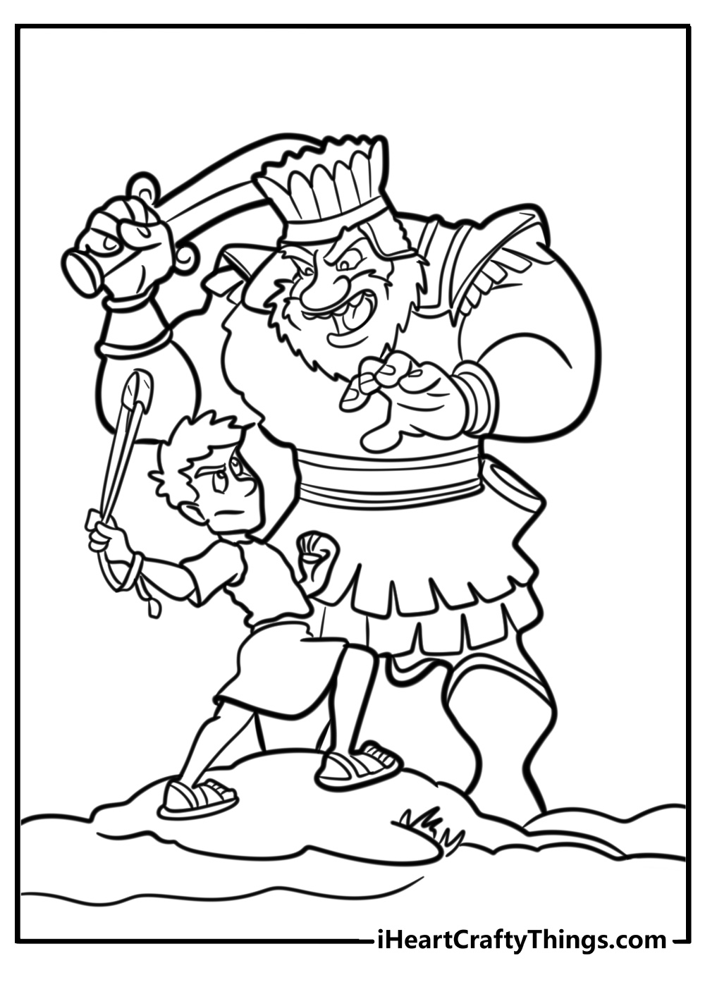 Goliath towering over david printable coloring page for kids