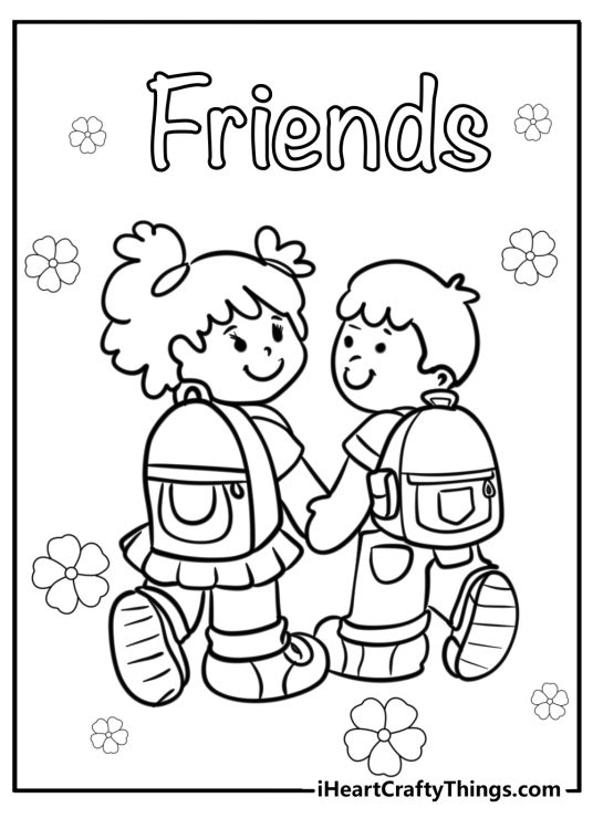Coloring sheet for kids depicting two best friends with backpacks on the way to school