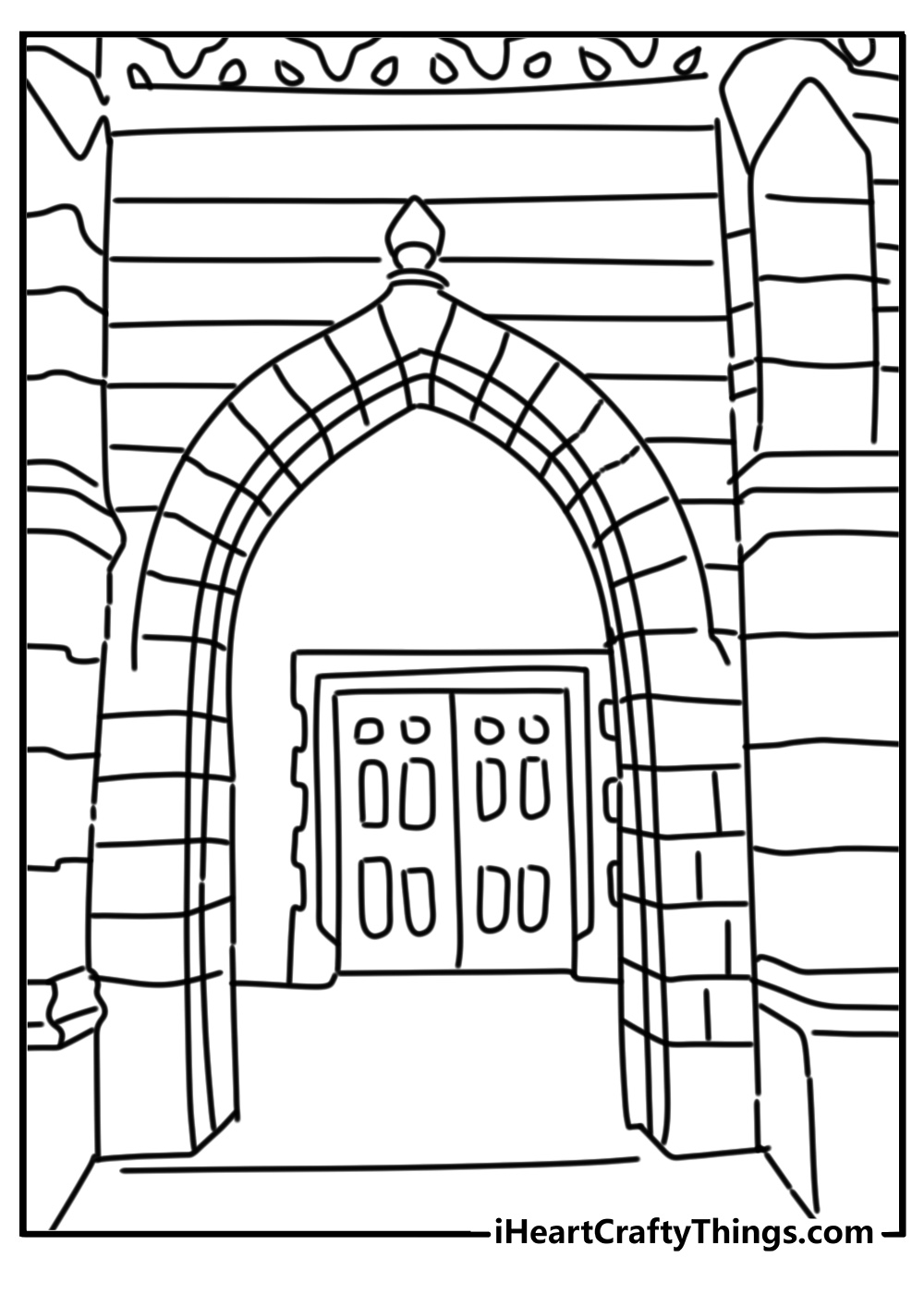 Gothic architecture with pointed arches and towers coloring sheet