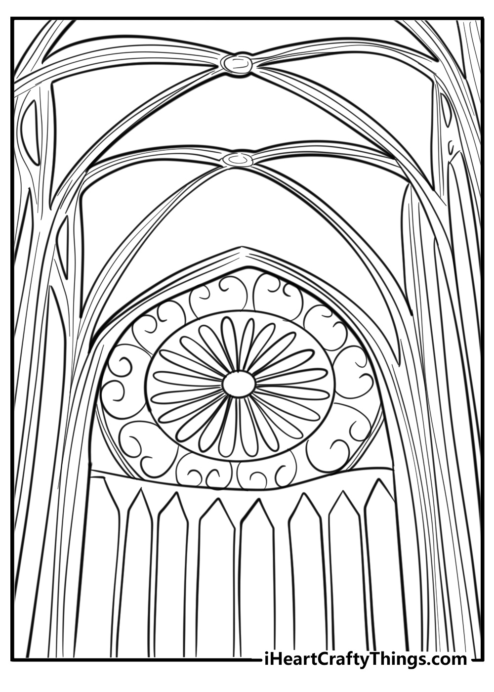 Gothic cathedral with intricate stained glass windows coloring sheet