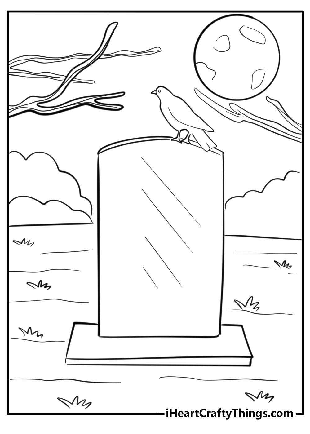 Gothic cemetery with tombstones and ravens printable coloring page