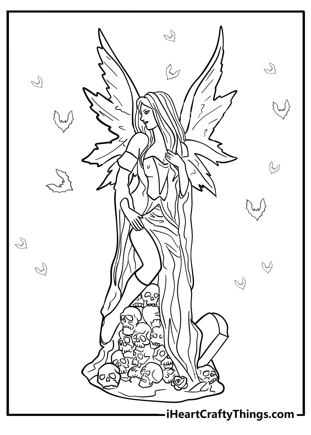 Gothic fairy with lace wings standing on a skull coloring page