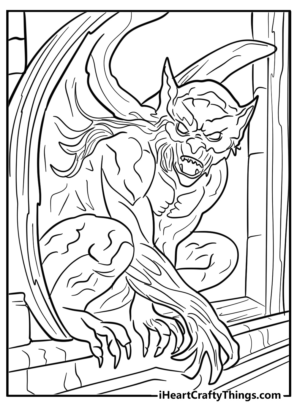 Gothic gargoyle perched on a rooftop free printable coloring page