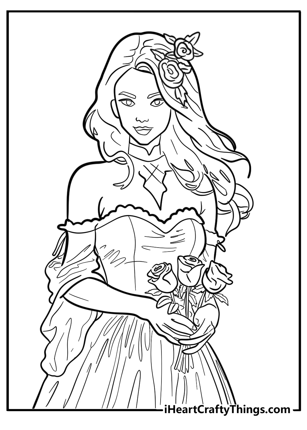 Gothic girl with black roses in her hair printable coloring sheet