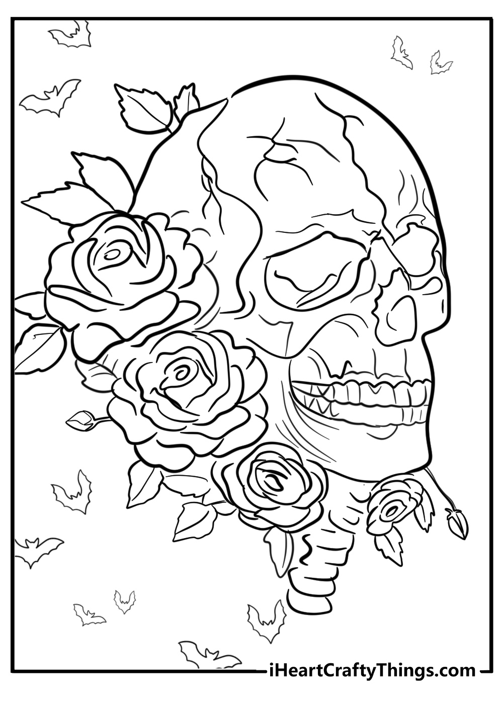 Gothic skull with roses detailed coloring page for adults