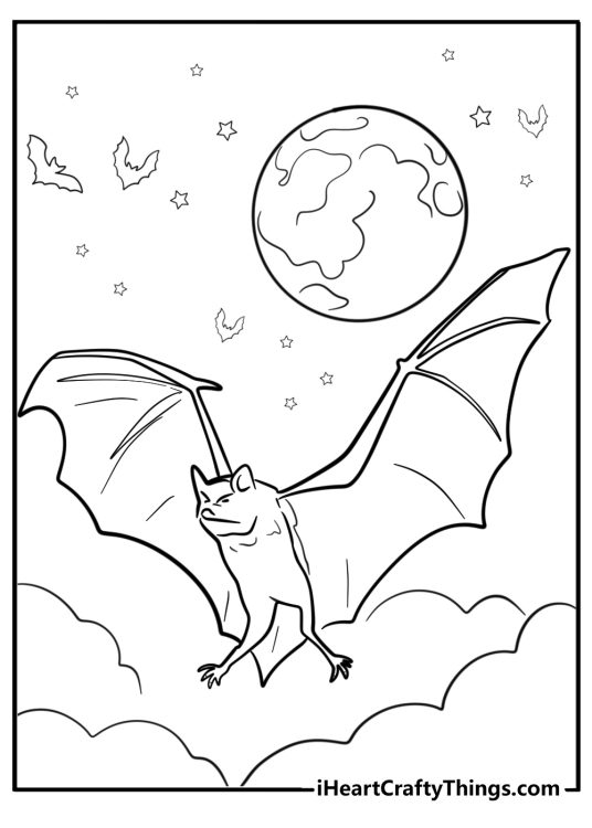 Gothic vampire bat flying in a dark night free printable coloring page