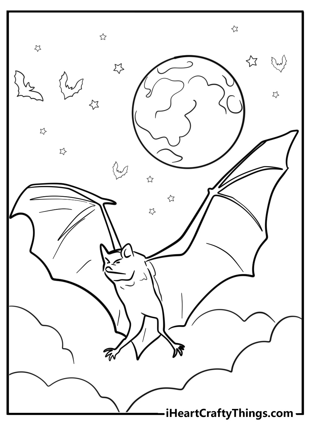 Gothic vampire bat flying in a dark night free printable coloring page