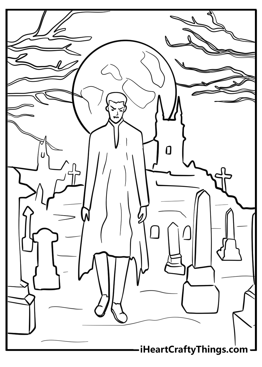 Gothic vampire standing in a moonlit graveyard coloring sheet