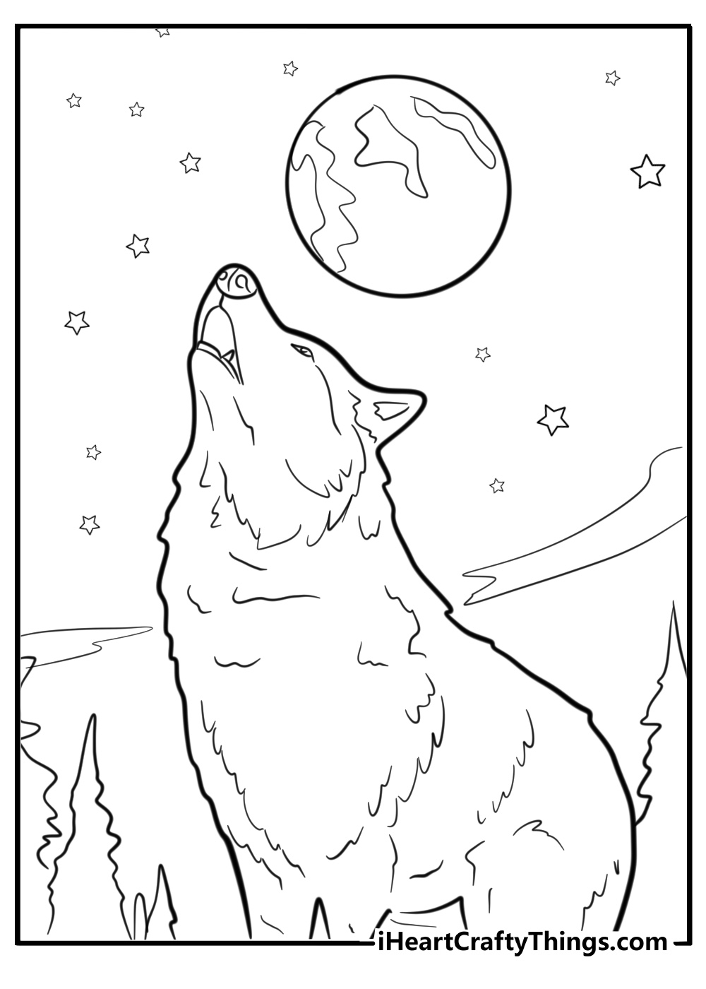 Gothic wolf howling at the moon printable coloring page